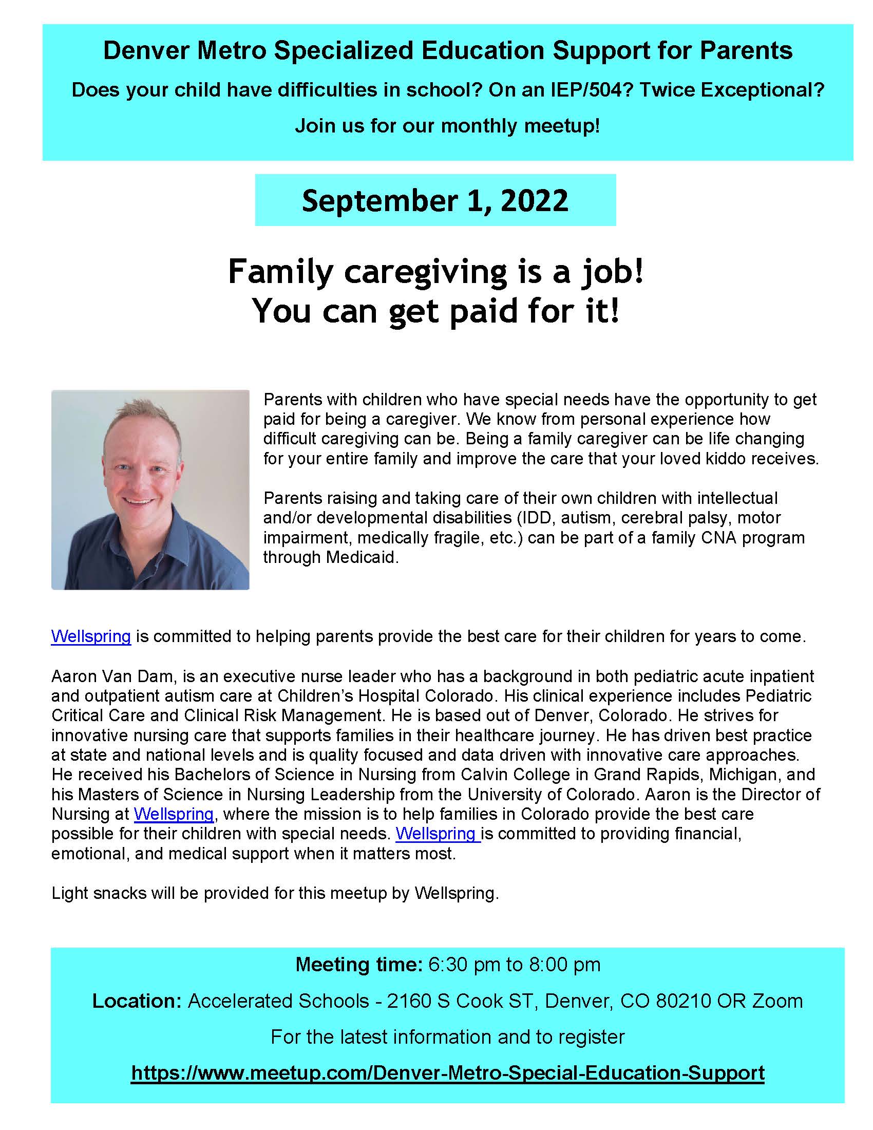 Man smiling in blue shirt on teal and white colored flyer for SES family caregiving job ad