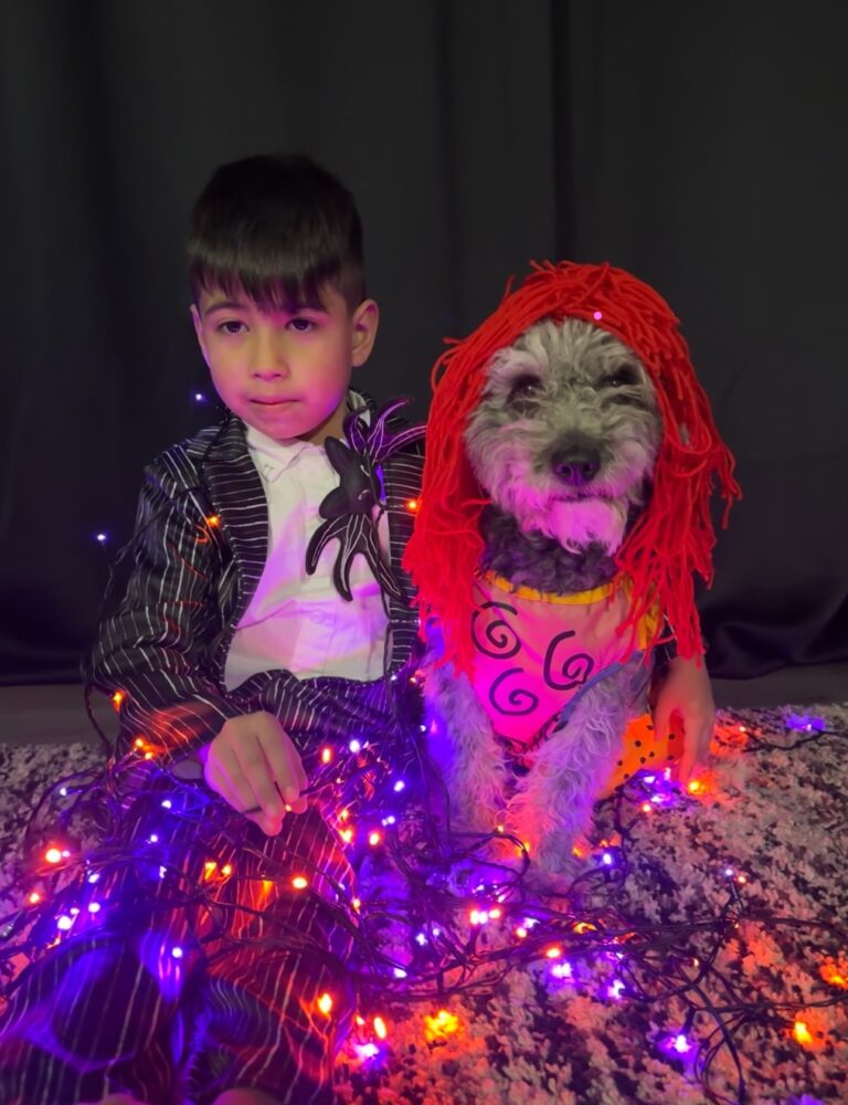 A boy and his dog dressed as Nightmare before Christmas characters. The boy is dressed as Jack Skellington and the dog is dressed as Sally, complete with a red yarn wig.